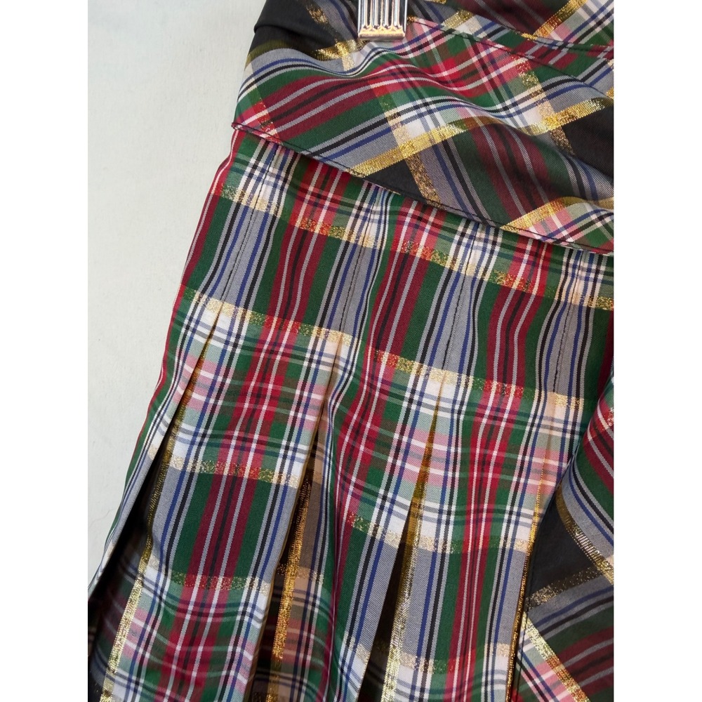 Plaid Metallic Holiday Maxi Skirt Pleated High Waist Sash Tie Festive Red sz 2 - Picture 2 of 12